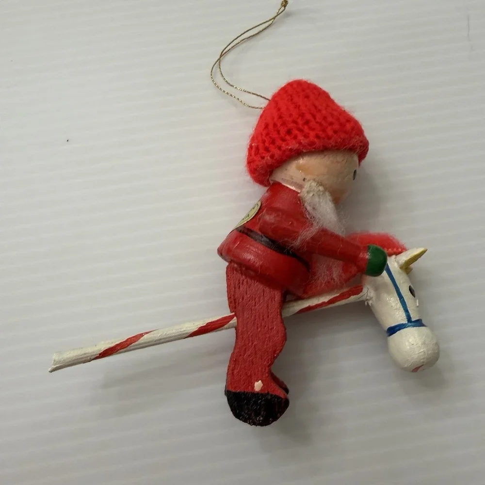 Vintage Wooden Santa Riding A Hobby Horse Scandinavian Style Folk Art Christmas